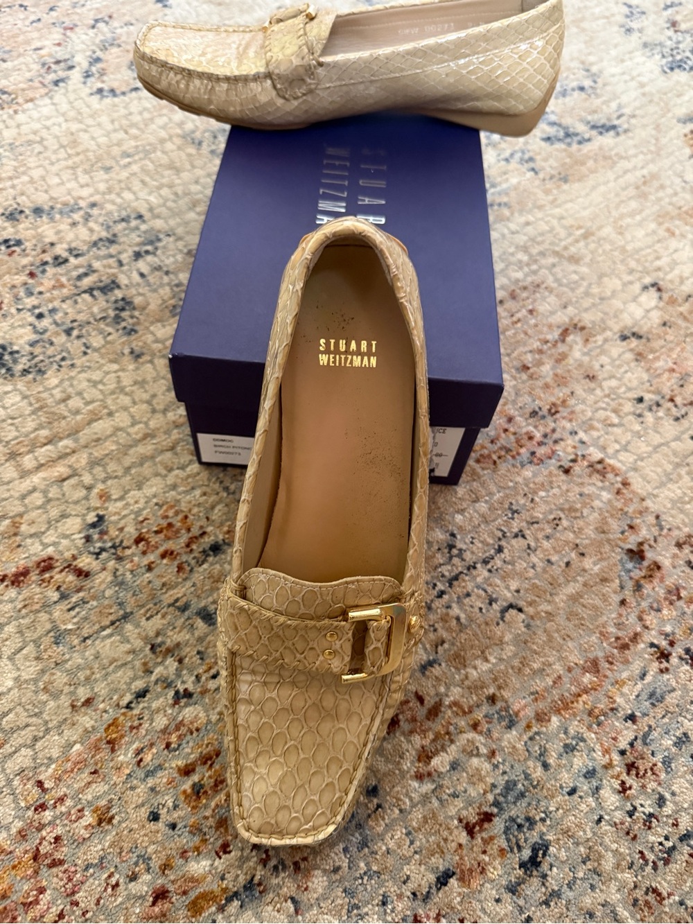 Stuart Weitzman Cream Textured Leather Loafer with Gold Buckle